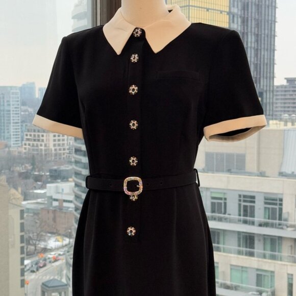 🆕 SELF-PORTRAIT 🧿 Black Belted White Crepe Contrast Midi Dress, Sz UK 10 US 6 - Picture 10 of 16